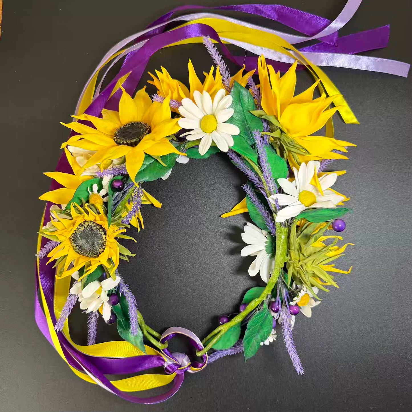 Handmade Traditional Ukrainian Sunflower & Daisy Vinok – Floral Hair Wreath with Ribbons 🇺🇦