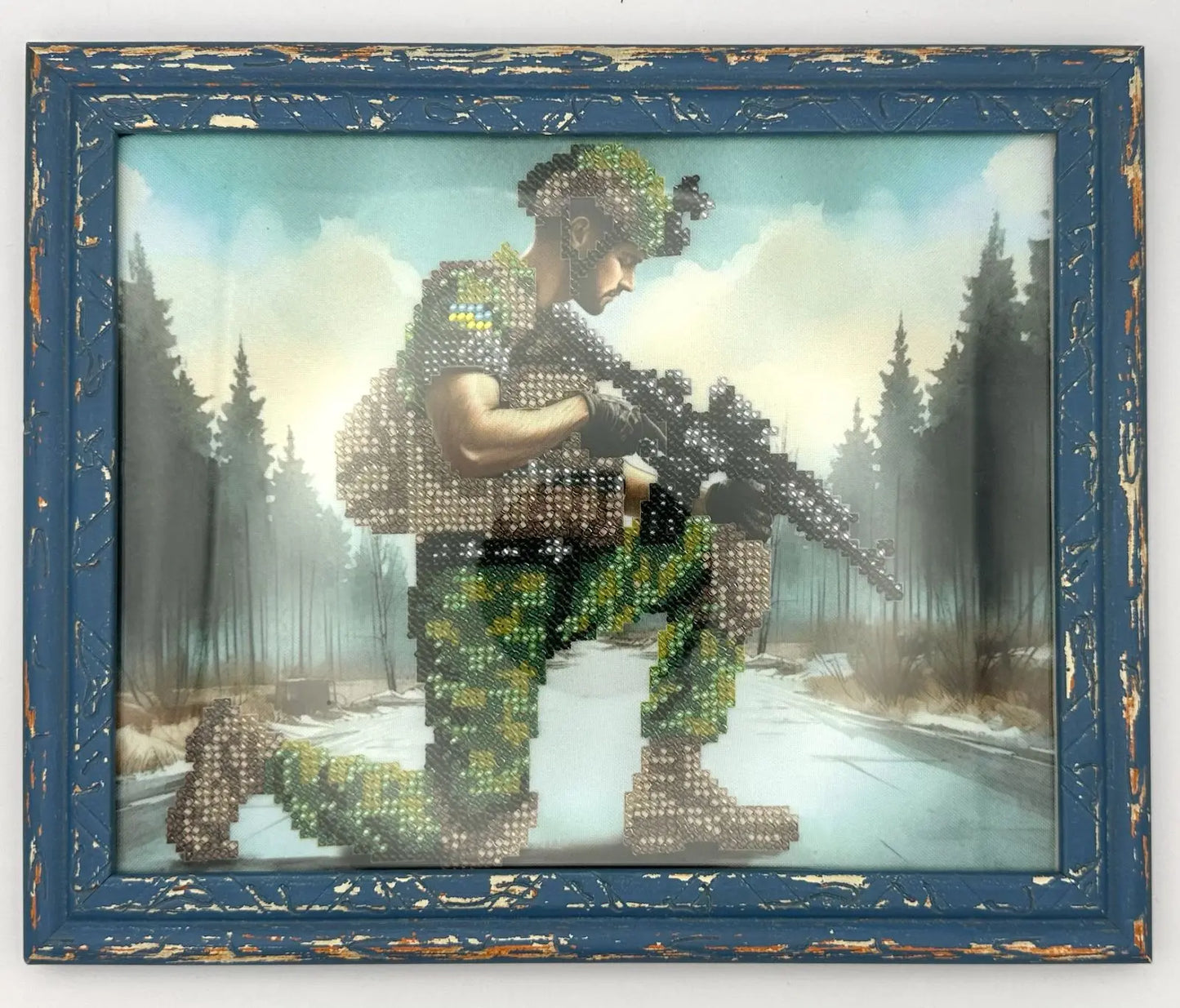 Beaded Framed Artwork Kneeling Soldier - Handmade in Ivankiv Ukraine UK Aid
