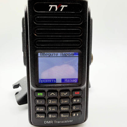 Close-up of the TYT radio displaying a Russian-language “Enter password” prompt above its numerical keypad.