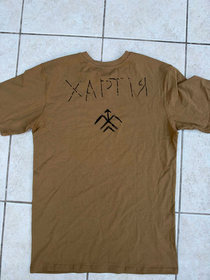 Back of a khaki military T-shirt with the Ukrainian word “ХАРТІЯ” and a black hand-drawn Khartiia emblem beneath it.