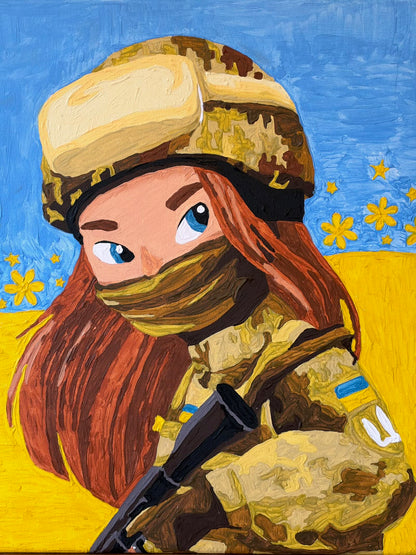 “Girls from the Armed Forces of Ukraine”, an oil painting by Olena depicting a blue-eyed, auburn-haired Ukrainian woman in camouflage uniform and helmet, holding a rifle. Her sleeve bears a Ukrainian flag and white trident. Yellow flowers and stars decorate the blue-and-yellow background.