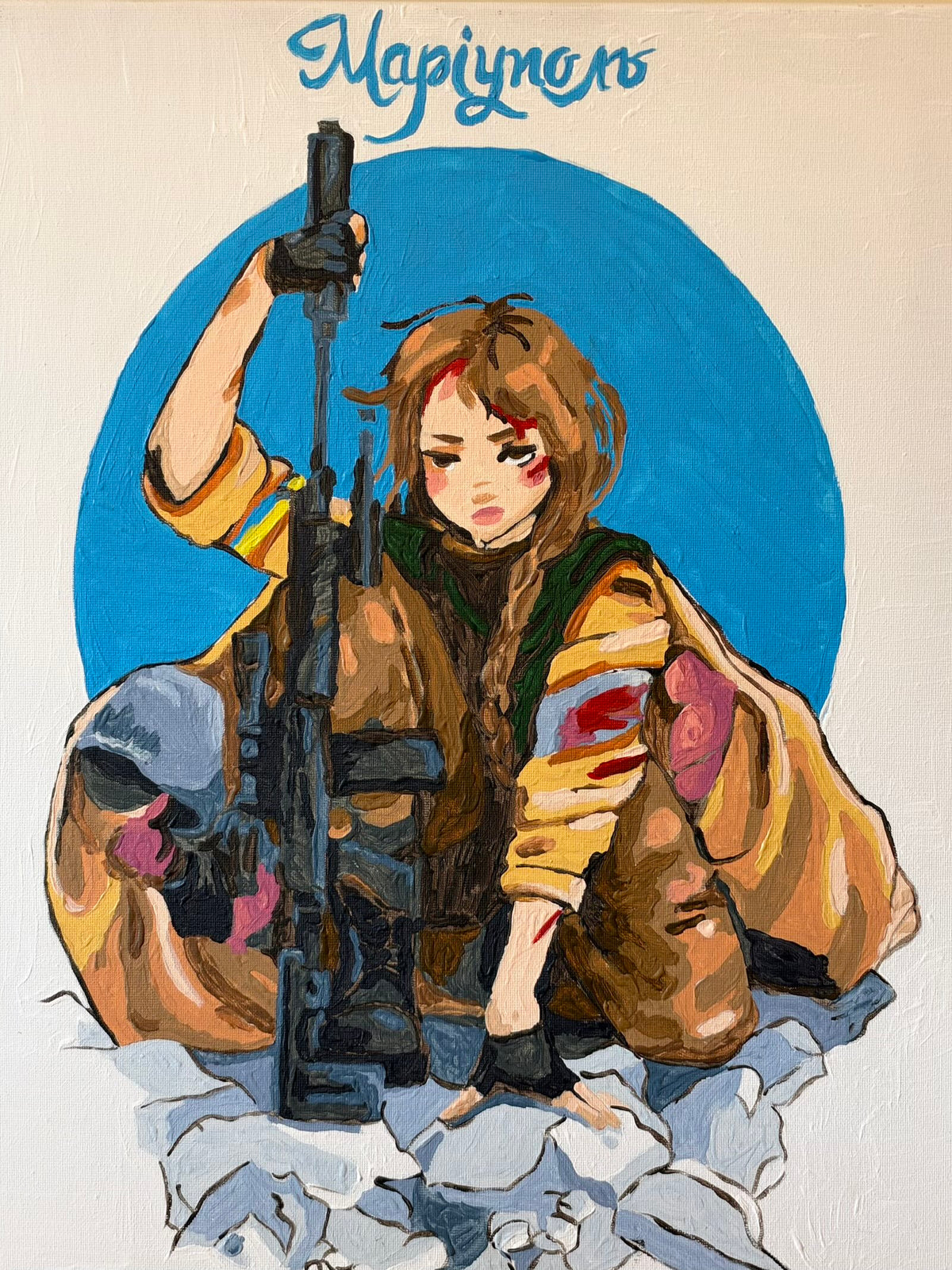 “Mariupol”, an oil painting by Olena depicting a brown-haired Ukrainian woman with a long braid, kneeling among rubble and holding a rifle upright. She wears torn military clothing with a Ukrainian flag patch and has marks on her face. A bright blue circle sits behind her, with “Маріуполь” written above.