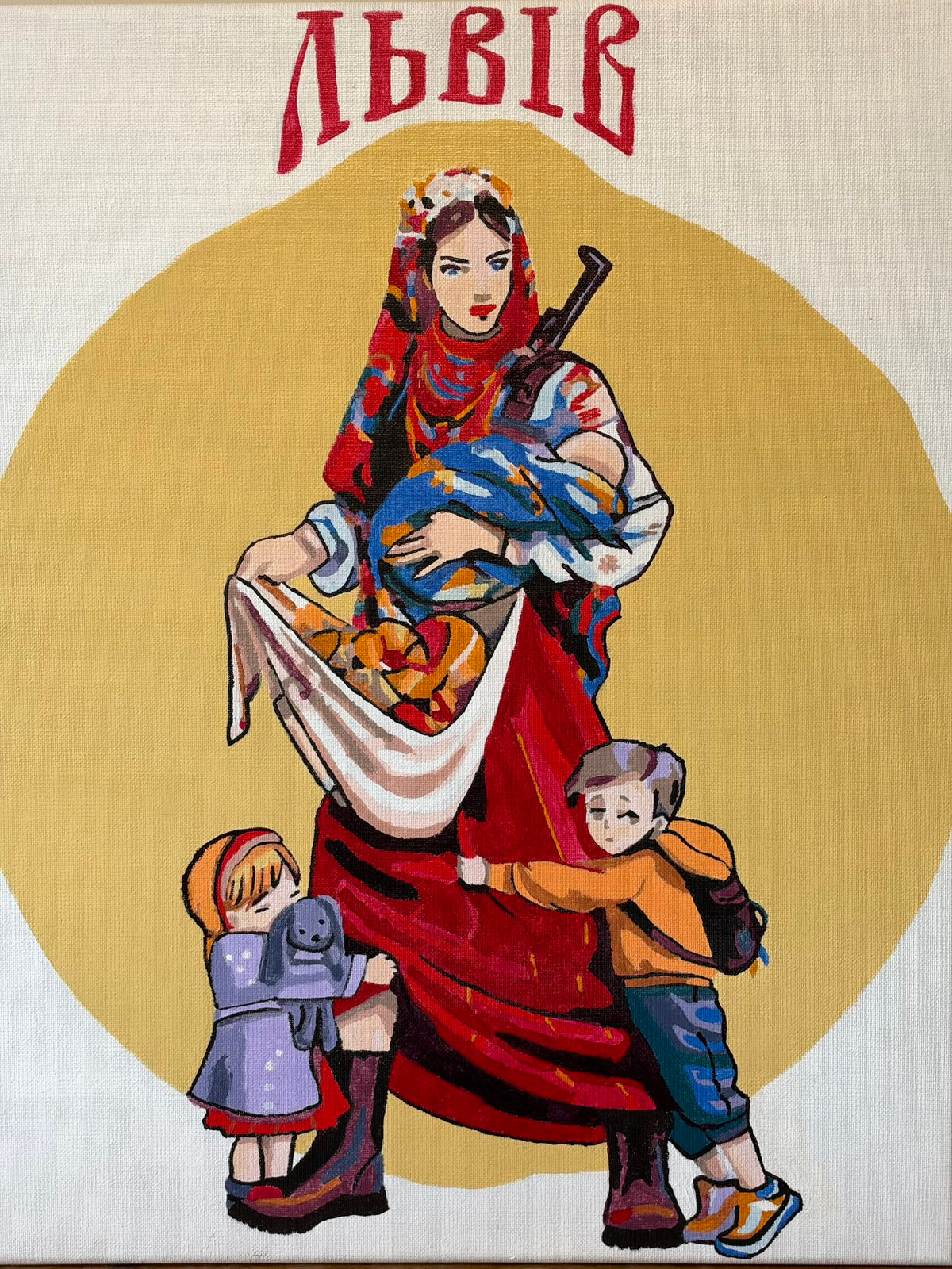 Ukrainian oil painting showing a woman in traditional red clothing and a floral headscarf, cradling a baby wrapped in blue and carrying bread in a white cloth. A rifle hangs over her shoulder. Two children cling to her skirt, one holding a toy rabbit and the other wearing a backpack. A golden circle frames them beneath the Ukrainian word for Lviv.