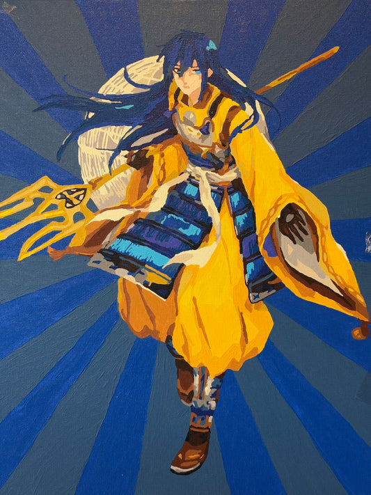 “Victory Is Ours”, an oil painting of a fantasy warrior with long blue hair, flowing golden-yellow robes and blue armour, holding a golden trident-shaped weapon. White ribbons trail around her against a pale circle and a background of radiating blue and grey stripes.