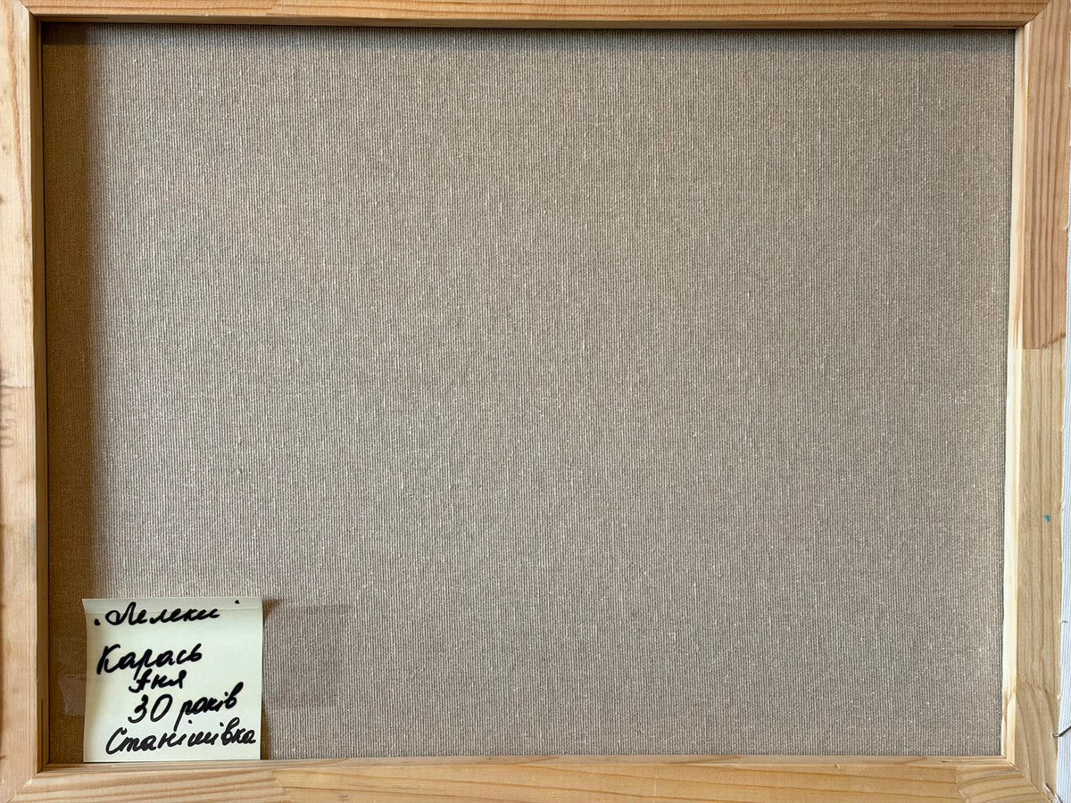 Reverse of the landscape canvas showing its wooden stretcher frame and a handwritten Ukrainian label at the lower left. The label reads “Storks”, Anya Karas, aged 30, Stanishivka.