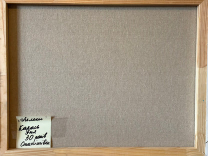 Reverse of the landscape canvas showing its wooden stretcher frame and a handwritten Ukrainian label at the lower left. The label reads “Storks”, Anya Karas, aged 30, Stanishivka.