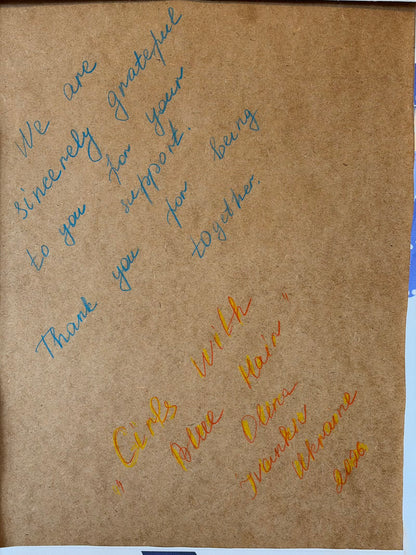 Brown backing board with the handwritten dedication: “We are sincerely grateful to you for your support. Thank you for being together.” Below are the title “Girls with Blue Hair” and the signature Olena, Ivankiv, Ukraine, 2026.