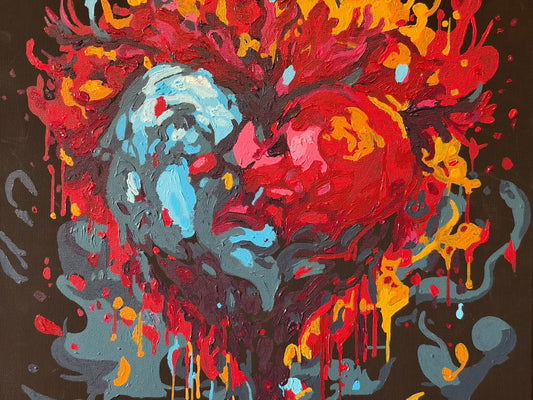 Square oil painting showing two stylised faces meeting in a kiss within a heart-shaped burst of colour. Turquoise and pale blue contrast with red, pink and golden orange, with swirling brushwork, splashes and drips against a dark background.