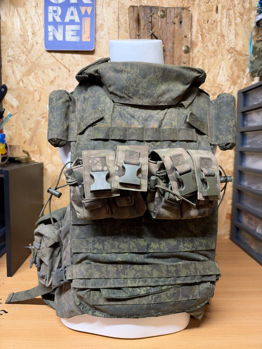 Front view of the captured Russian 6B45 Ratnik vest with protective collar, arm sections and ammunition pouches.