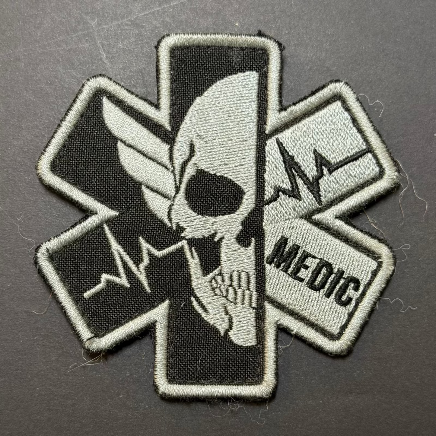 Patch with skull design and 'MEDIC' text on a dark background