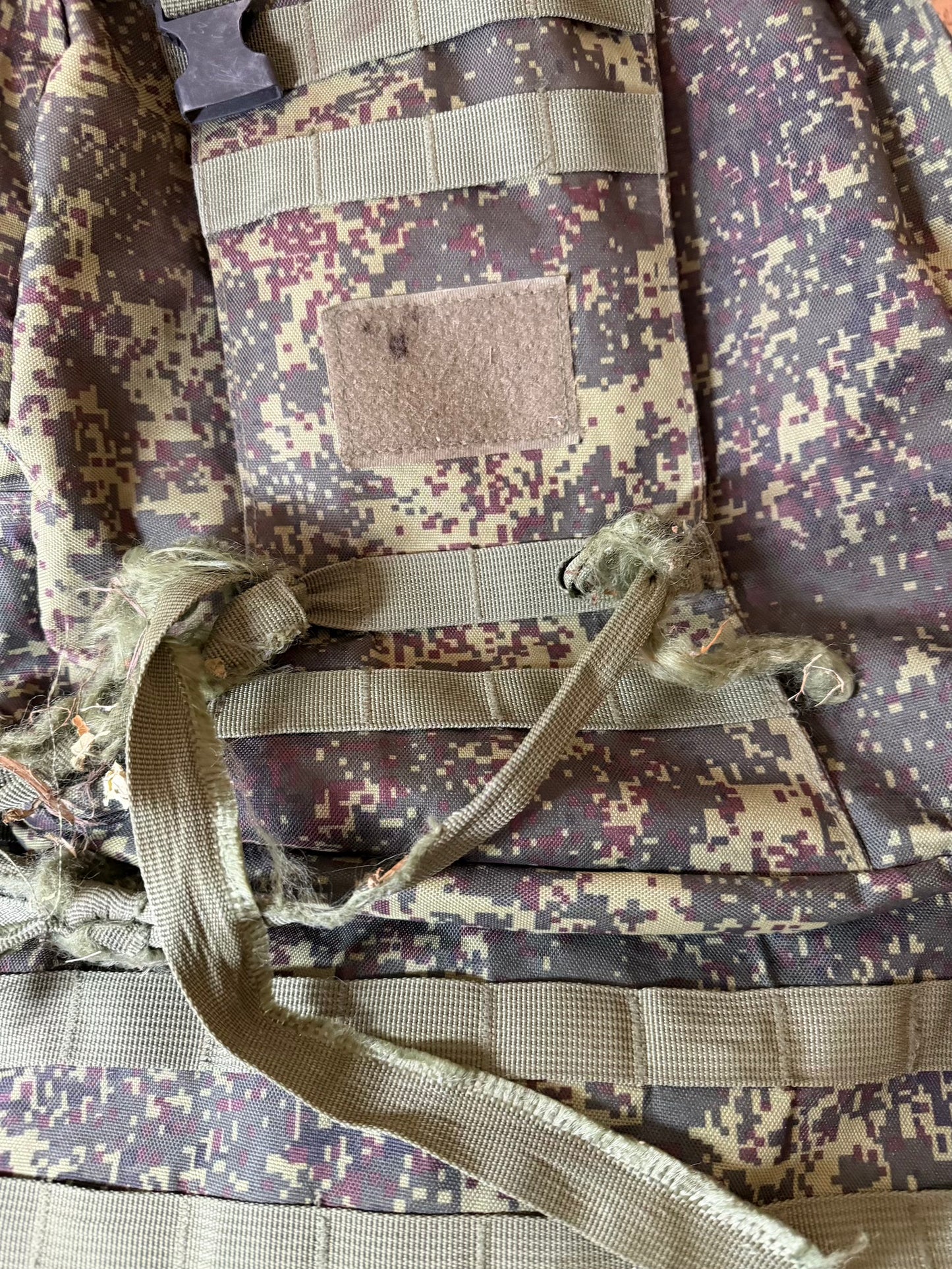 Close-up of a camouflage-patterned backpack with straps