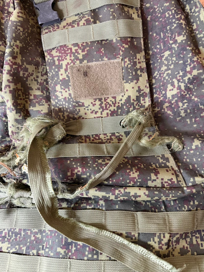 Close-up of a camouflage-patterned backpack with straps