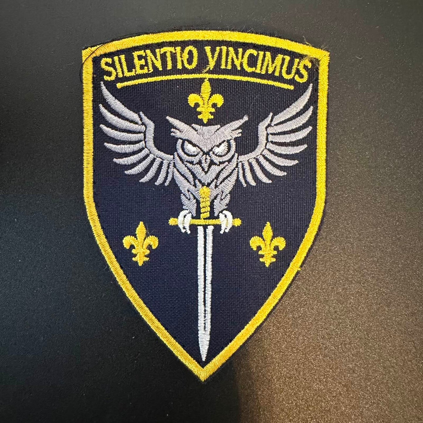 “Silentio Vincimus” Owl & Sword Tactical Patch – Military Intelligence Style Morale Patch