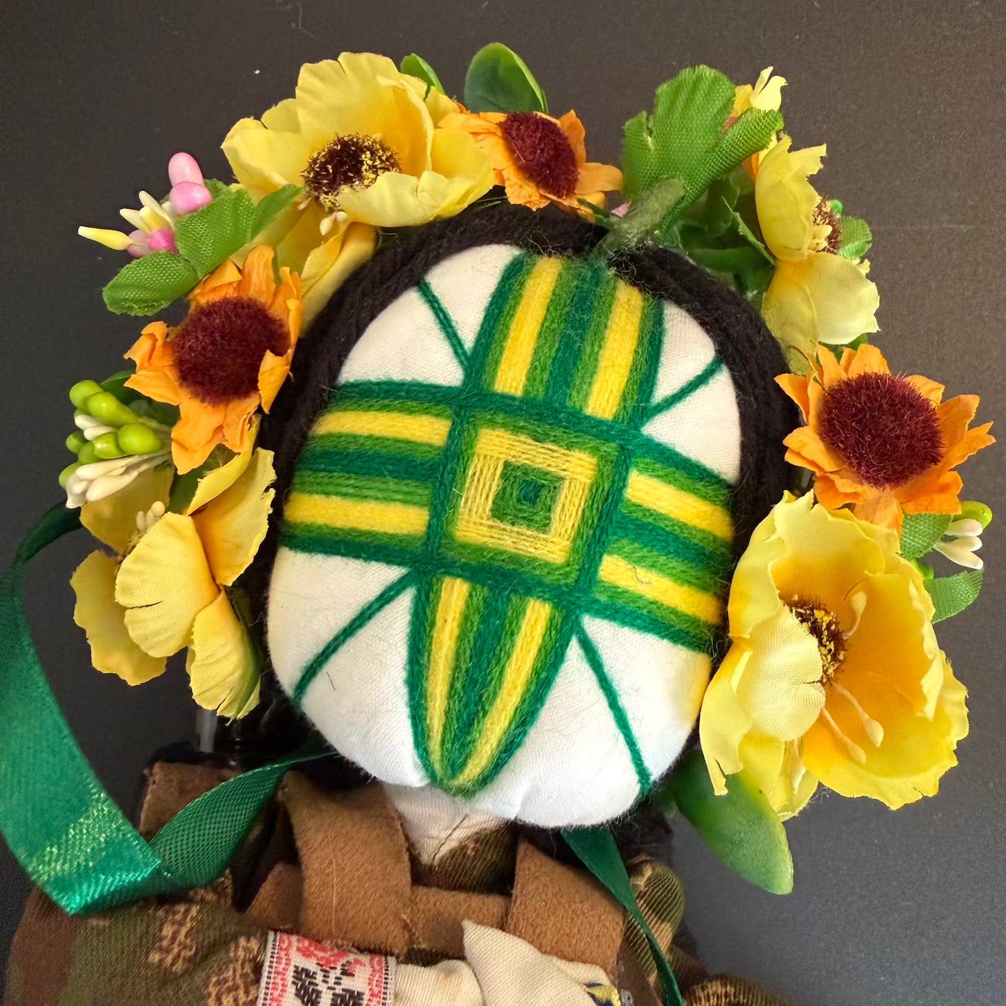 Decorative item with a green and yellow patterned center surrounded by flowers on a dark background