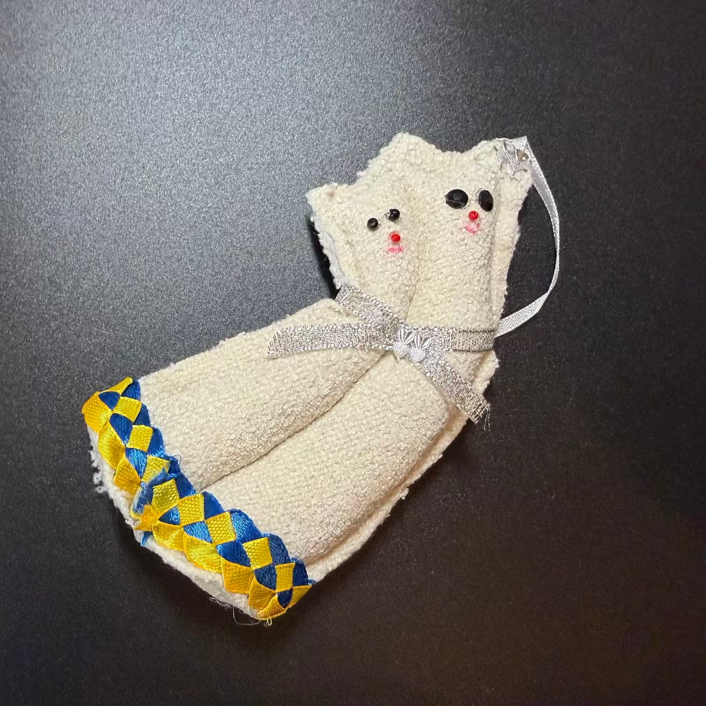 Handmade Ukrainian Cat Ornament – Blue & Yellow Ribbon Folk Art Decoration 🇺🇦
