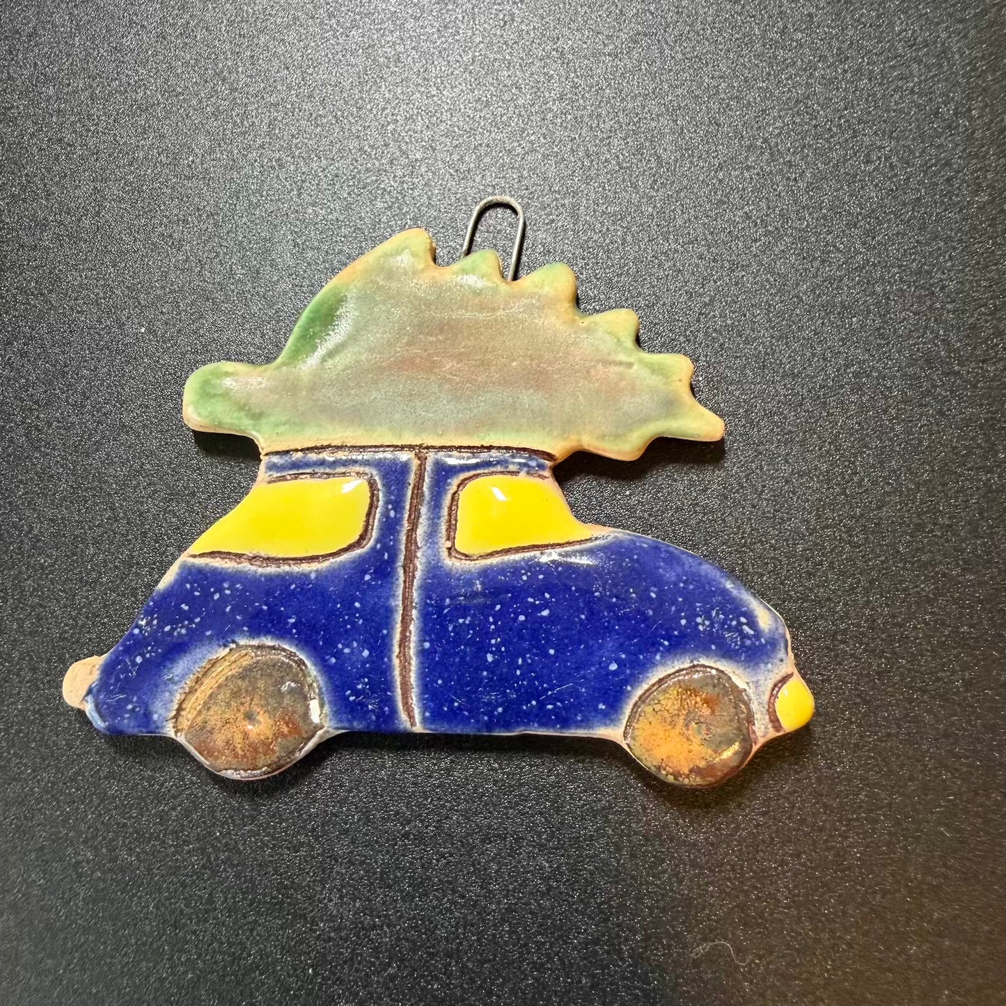 Handmade Ceramic Christmas Car Ornament – Blue Car with Tree Decoration 🇺🇦
