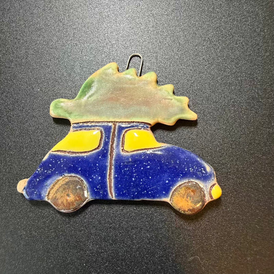 Handmade Ceramic Christmas Car Ornament – Blue Car with Tree Decoration 🇺🇦