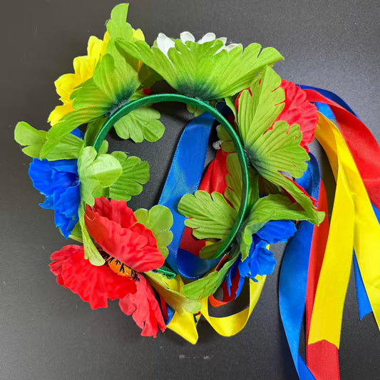 Handmade Traditional Ukrainian Floral Hair Wreath (Vinok) with Ribbons – Blue, Yellow & Red Folk Crown 🇺🇦
