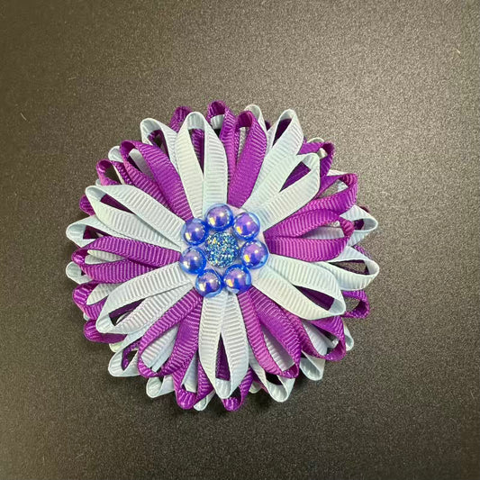 Handmade Ukrainian Ribbon Flower Hair Clip / Brooch – Purple & White Kanzashi Style Flower 🇺🇦
