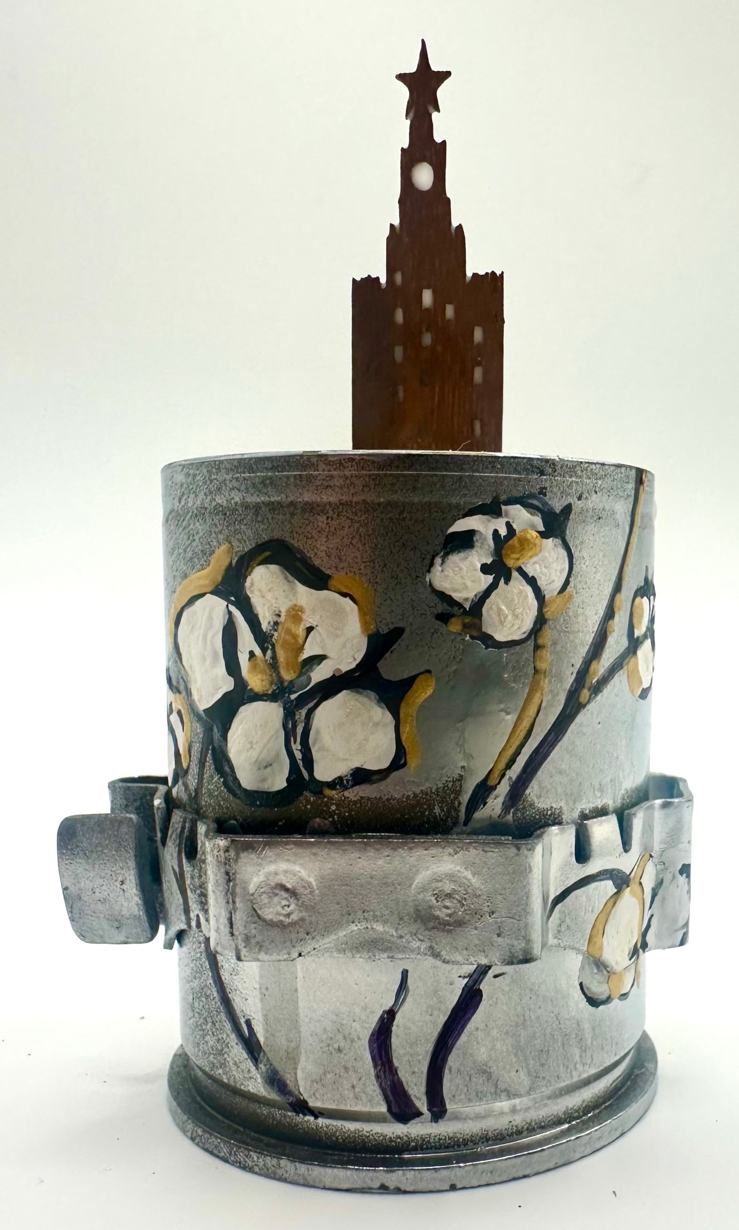 Handcrafted Candle Made in Ukraine from 40mm Grenade Shell Casings Silver Flower