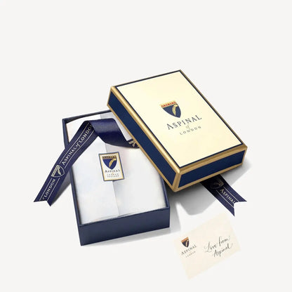 Aspinal of London jewelry box with a necklace and card on a white background