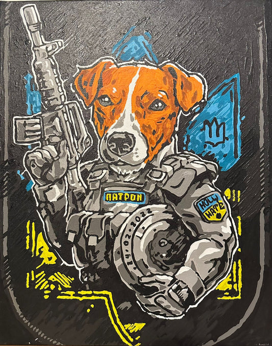 Painting of Patron the Ukrainian EOD mine sniffing dog holding a gun and a mine, and ready to defend Ukraine