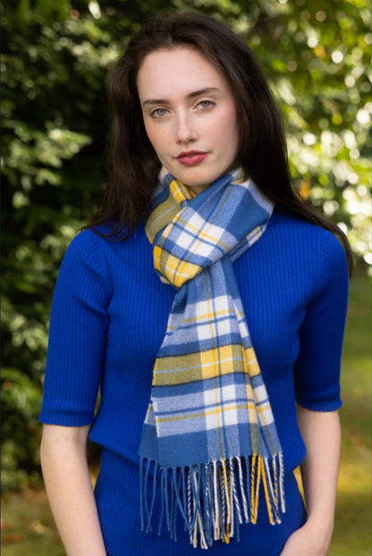 Woman wearing a blue sweater and plaid scarf with a blurred green background
