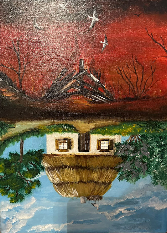 Painting showing a village house in Ukraine destroyed by ruzzian invader's