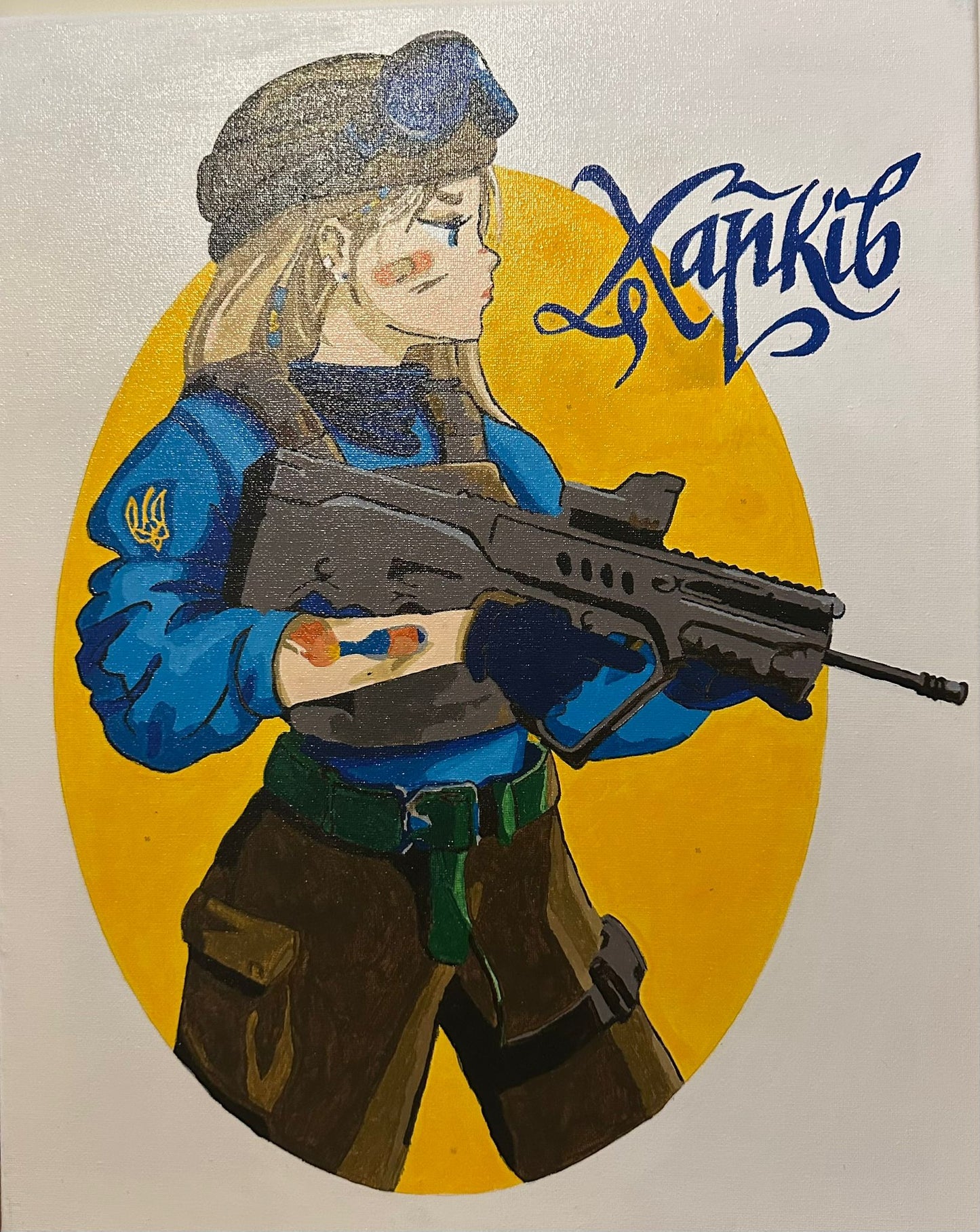 Manga style young Ukrainian woman holding a gun and defending Kharkiv