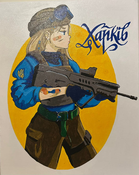 Manga style young Ukrainian woman holding a gun and defending Kharkiv