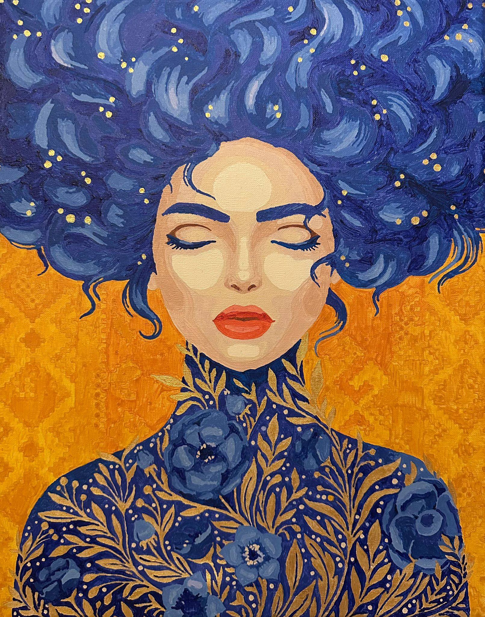 Ukrainian woman with colours of Ukraine, blue and yellow, patriotic image