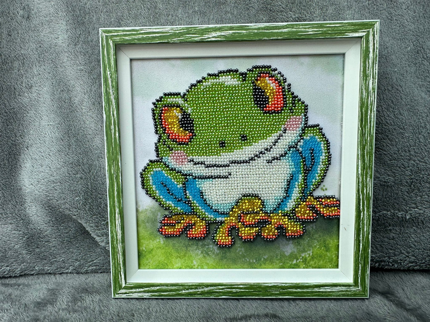 Framed Handmade Frog Beadwork Picture