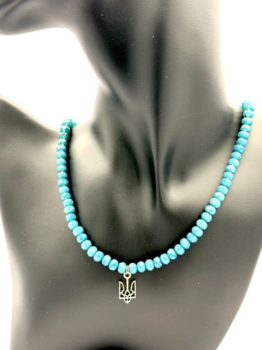 Beautiful Handmade Bead Necklace with Ukraine Tryzub Symbol