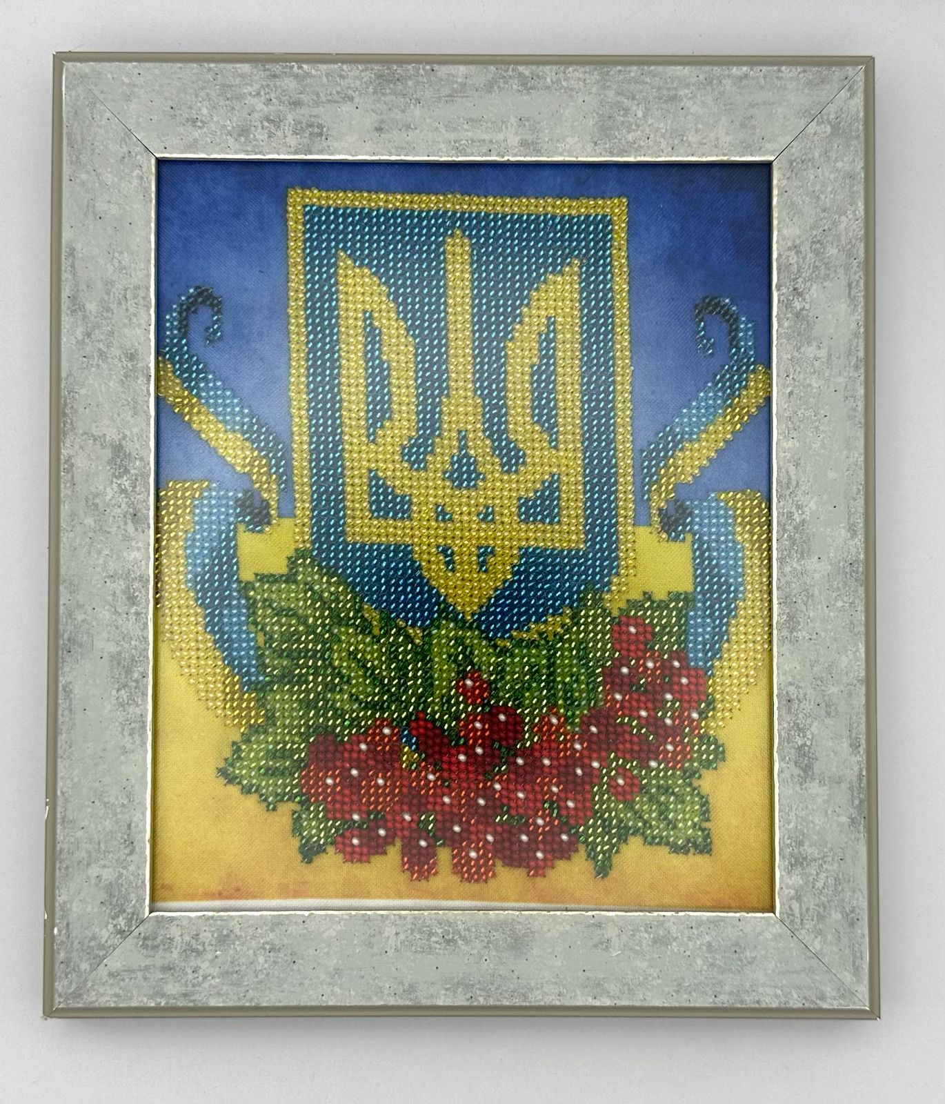 Beaded Framed Artwork Tryzub - Handmade in Ivankiv