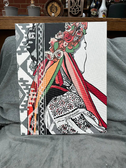 A colorful handmade canvas painting depicting a stylized female figure with floral elements.