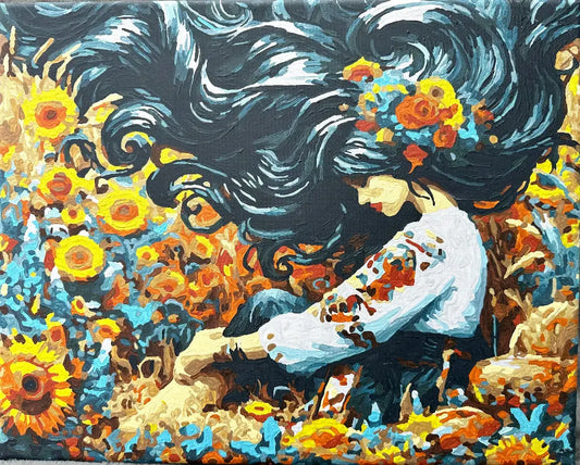 Artistic depiction of a woman with flowing hair and sunflowers, featuring a mix of dark and warm colors.